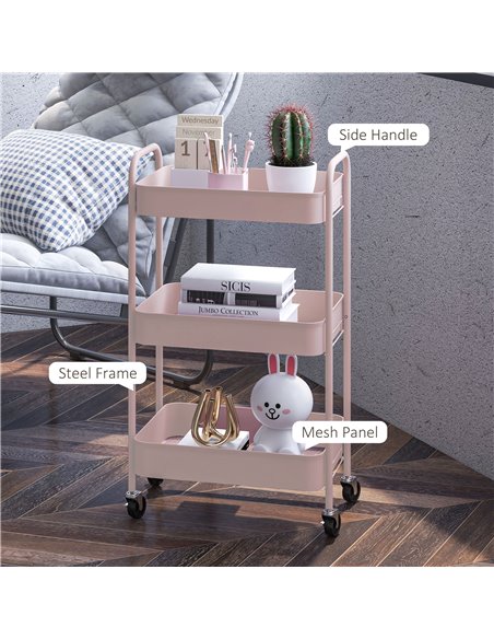 HOMCOM Three-Tier Steel Storage Trolley - Pink 850-292V00PK - pic 112324 | FastDaddyshop