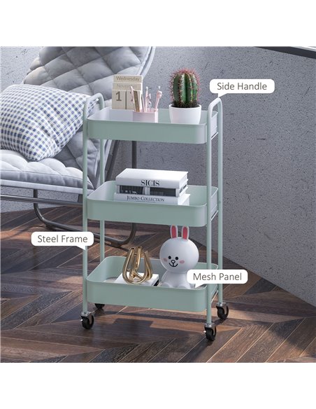 HOMCOM Three-Tier Steel Storage Trolley - Light Blue 850-292V00LB - pic 112333 | FastDaddyshop