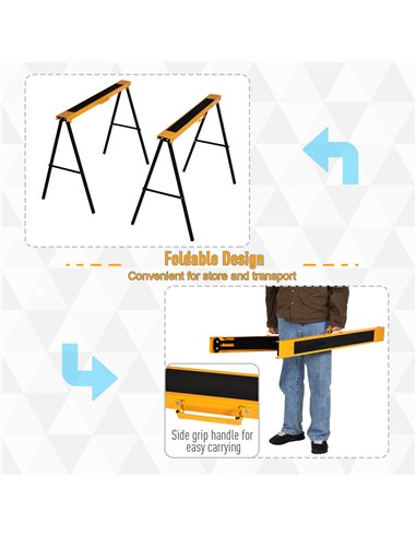 HOMCOM 2PCS Saw Horse Twin Pack Folding Workbench Metal Trestle Stands with Non-slip EVA Surface for Sawing Work Max Load 125kg 