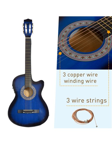 HOMCOM 38 Inch Full Size Blue Classical Acoustic Electric Guitar Kids Guitar and Junior Guitar   Premium Gloss Finish w/Case - B