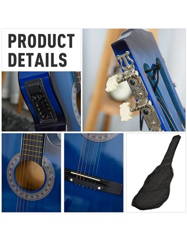 HOMCOM 38 Inch Full Size Blue Classical Acoustic Electric Guitar Kids Guitar and Junior Guitar   Premium Gloss Finish w/Case - B