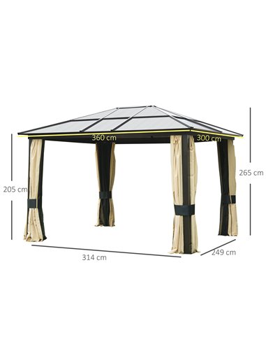 Outsunny 3.6 x 3(m) Hardtop Gazebo Canopy with Polycarbonate Roof and Aluminium Frame, Garden Pavilion with Mosquito Netting and