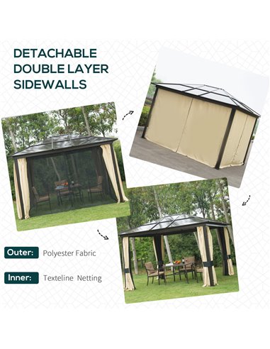 Outsunny 3.6 x 3(m) Hardtop Gazebo Canopy with Polycarbonate Roof and Aluminium Frame, Garden Pavilion with Mosquito Netting and