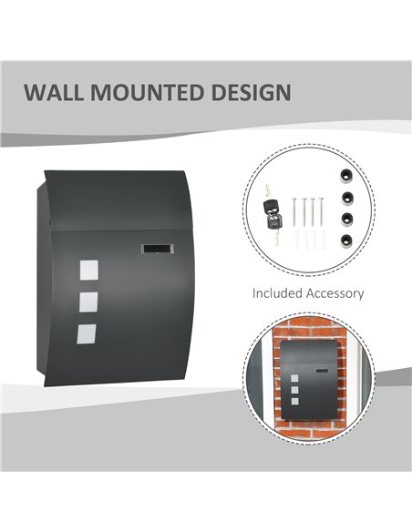 HOMCOM Wall Mounted Letter Box, Weatherproof Post Box for Outside Wall, Modern Mailbox with 2 Keys and Nameplate, Anthracite Gre - pic 113008 | FastDaddyshop