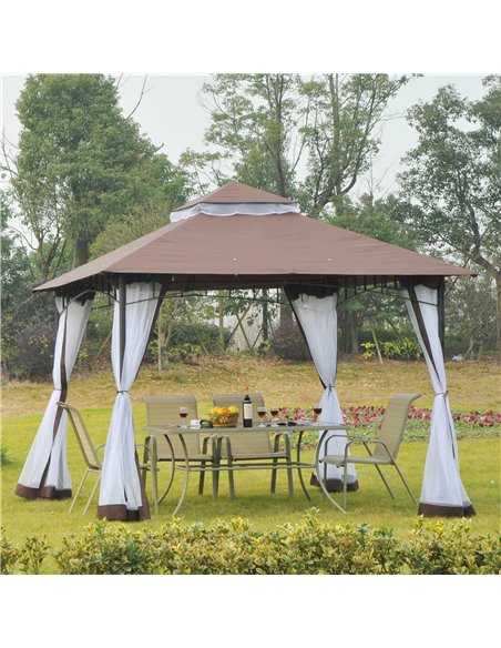Outsunny 3 x 3 meter Patio Metal Gazebo Square Outdoor Party Wedding Canopy Shelter w/Mesh - Brown - pic 11313 | FastDaddyshop