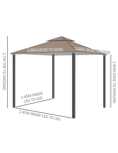 Outsunny 3 x 3 meter Patio Metal Gazebo Square Outdoor Party Wedding Canopy Shelter w/Mesh - Brown