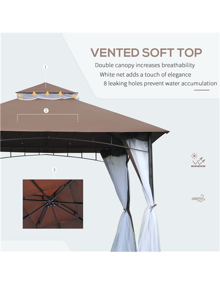 Outsunny 3 x 3 meter Patio Metal Gazebo Square Outdoor Party Wedding Canopy Shelter w/Mesh - Brown - pic 11315 | FastDaddyshop