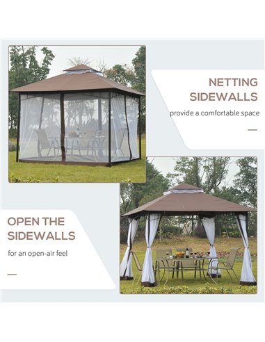 Outsunny 3 x 3 meter Patio Metal Gazebo Square Outdoor Party Wedding Canopy Shelter w/Mesh - Brown
