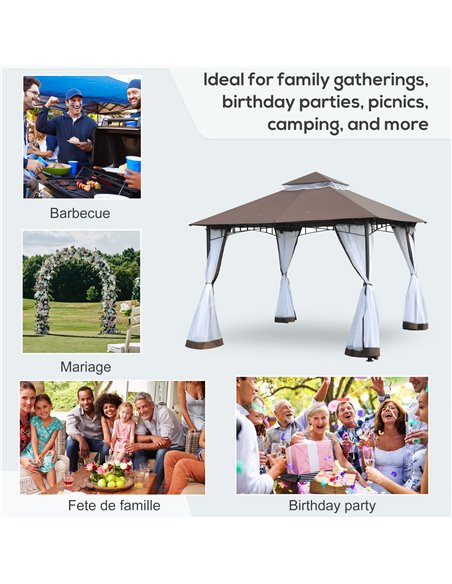 Outsunny 3 x 3 meter Patio Metal Gazebo Square Outdoor Party Wedding Canopy Shelter w/Mesh - Brown - pic 11318 | FastDaddyshop