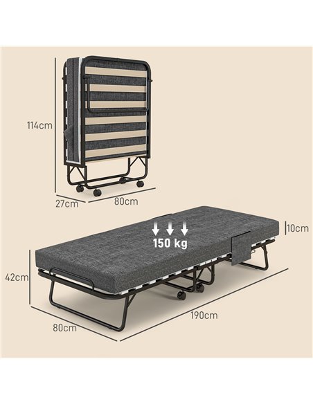 HOMCOM Single Steel Frame Folding Bed, with Wheels - Black/Grey 831-754V70CG - pic 113185 | FastDaddyshop