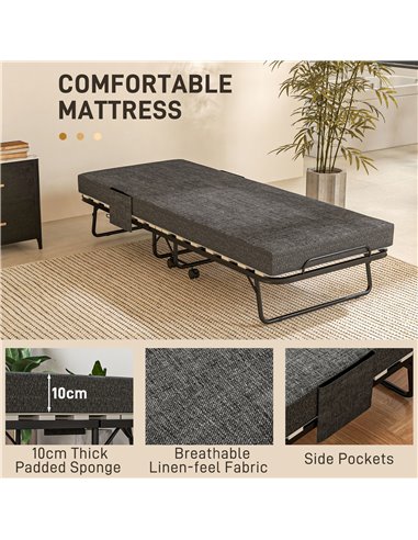 HOMCOM Single Steel Frame Folding Bed, with Wheels - Black/Grey 831-754V70CG