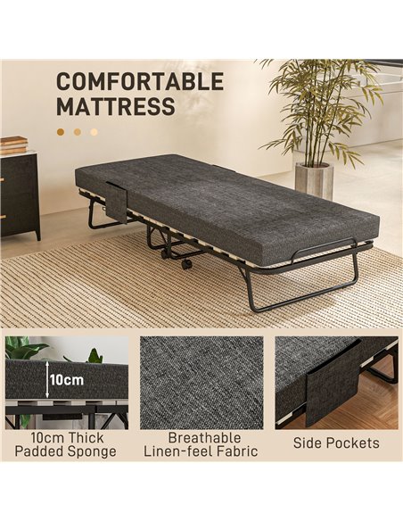 HOMCOM Single Steel Frame Folding Bed, with Wheels - Black/Grey 831-754V70CG - pic 113186 | FastDaddyshop