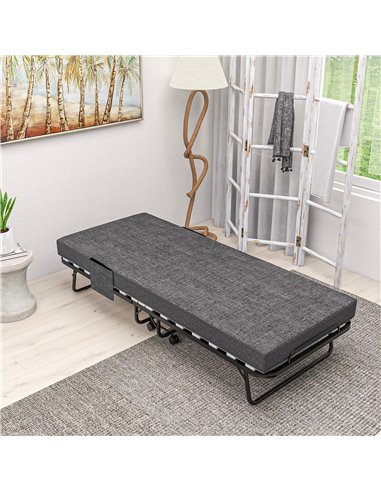 HOMCOM Single Steel Frame Folding Bed, with Wheels - Black/Grey 831-754V70CG