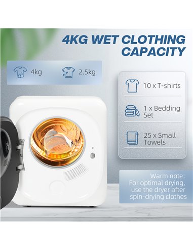 HOMCOM 4kg Vented Tumble Dryer with Deodorize, Smart Mode, 800W Compact Tumble Dryer with Stainless Steel Tub, Front Load, for F