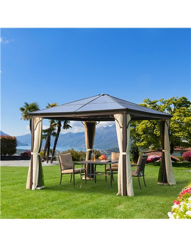 Outsunny 3 x 3(m) Hardtop Gazebo Canopy with Polycarbonate Roof and Aluminium Frame, Garden Pavilion with Mosquito Netting and C
