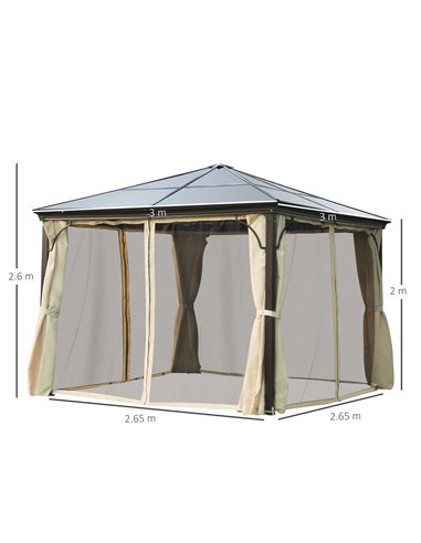 Outsunny 3 x 3(m) Hardtop Gazebo Canopy with Polycarbonate Roof and Aluminium Frame, Garden Pavilion with Mosquito Netting and C