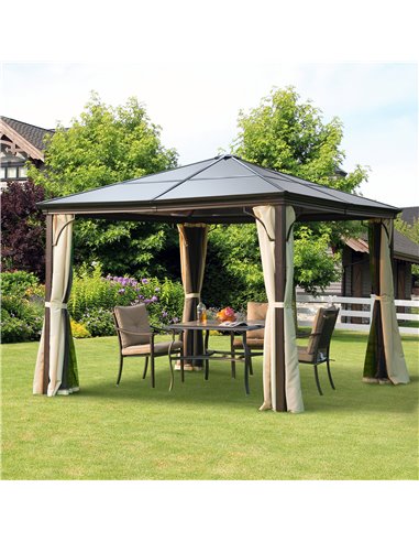 Outsunny 3 x 3(m) Hardtop Gazebo Canopy with Polycarbonate Roof and Aluminium Frame, Garden Pavilion with Mosquito Netting and C