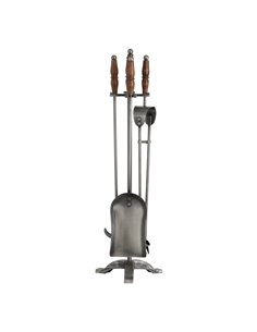 Hill Interiors Hand Turned Fire Companion Set In Antique Pewter With Wooden Handles 19103