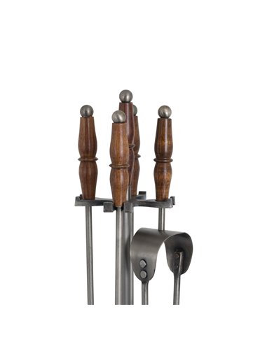 Hill Interiors Hand Turned Fire Companion Set In Antique Pewter With Wooden Handles 19103