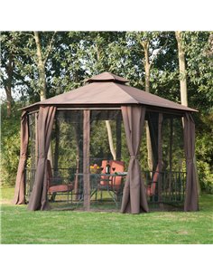 Outsunny Hexagon Gazebo Patio Canopy with 2 Tier Roof & Side Panel, Brown 2