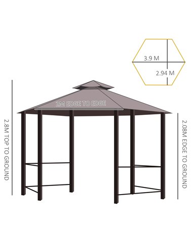 Outsunny Hexagon Gazebo Patio Canopy Party Tent Outdoor Garden Shelter w/ 2 Tier Roof & Side Panel - Brown