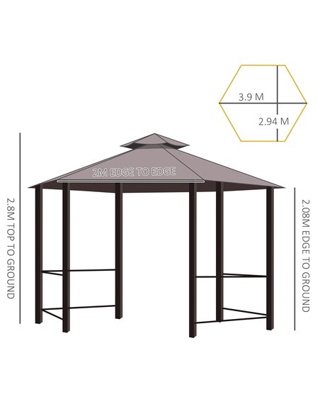 Outsunny Hexagon Gazebo Patio Canopy Party Tent Outdoor Garden Shelter w/ 2 Tier Roof & Side Panel - Brown - pic 11434 | FastDaddyshop