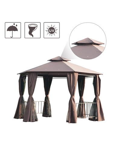 Outsunny Hexagon Gazebo Patio Canopy Party Tent Outdoor Garden Shelter w/ 2 Tier Roof & Side Panel - Brown