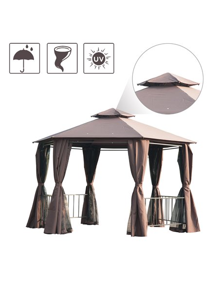 Outsunny Hexagon Gazebo Patio Canopy Party Tent Outdoor Garden Shelter w/ 2 Tier Roof & Side Panel - Brown - pic 11435 | FastDaddyshop