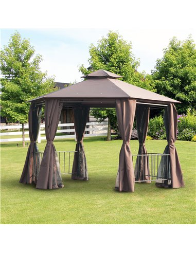 Outsunny Hexagon Gazebo Patio Canopy Party Tent Outdoor Garden Shelter w/ 2 Tier Roof & Side Panel - Brown