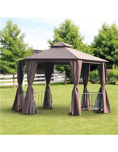 Outsunny Hexagon Gazebo Patio Canopy Party Tent Outdoor Garden Shelter w/ 2 Tier Roof & Side Panel - Brown - pic 11439 | FastDaddyshop