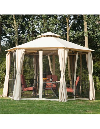 Outsunny Hexagon Gazebo Patio Canopy Party Tent Outdoor Garden Shelter w/ 2 Tier Roof & Side Panel - Beige