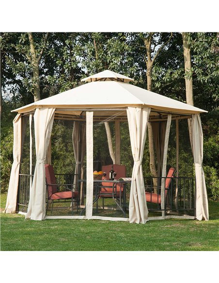 Outsunny Hexagon Gazebo Patio Canopy Party Tent Outdoor Garden Shelter w/ 2 Tier Roof & Side Panel - Beige - pic 11441 | FastDaddyshop