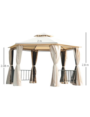 Outsunny Hexagon Gazebo Patio Canopy Party Tent Outdoor Garden Shelter w/ 2 Tier Roof & Side Panel - Beige