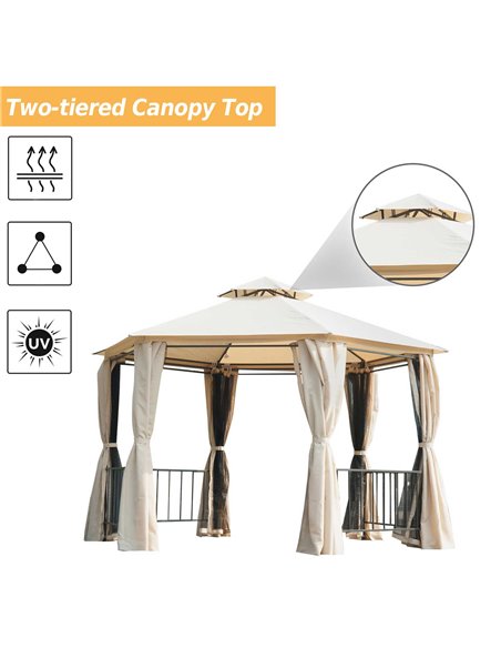 Outsunny Hexagon Gazebo Patio Canopy Party Tent Outdoor Garden Shelter w/ 2 Tier Roof & Side Panel - Beige - pic 11443 | FastDaddyshop