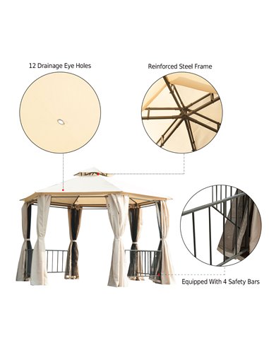 Outsunny Hexagon Gazebo Patio Canopy Party Tent Outdoor Garden Shelter w/ 2 Tier Roof & Side Panel - Beige
