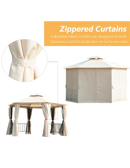 Outsunny Hexagon Gazebo Patio Canopy Party Tent Outdoor Garden Shelter w/ 2 Tier Roof & Side Panel - Beige - pic 11446 | FastDaddyshop