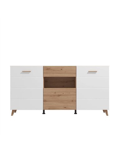 Bretanova Slatted Artisan Oak Effect And White Gloss Sideboard, 3426