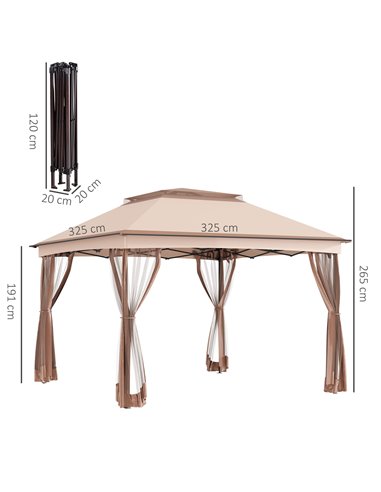 Outsunny 3 X 3(m) Meters Metal Gazebo Party Canopy Garden Pop Up Tent Outdoor Sun Shelter w/ Net Curtain Zipper Door - Khaki