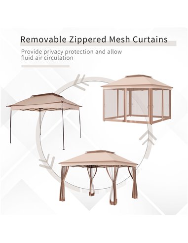 Outsunny 3 X 3(m) Meters Metal Gazebo Party Canopy Garden Pop Up Tent Outdoor Sun Shelter w/ Net Curtain Zipper Door - Khaki