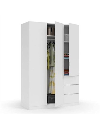Cairo Artic White Compact 3 Door 3 Drawer Space-Saving 135cm Wardrobe, 3204