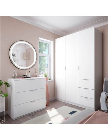 Cairo Artic White Compact 3 Door 3 Drawer Space-Saving 135cm Wardrobe, 3204