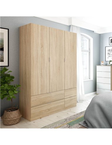 Cairo Oak Effect Compact 3 Door 4 Drawer Space-Saving 135cm Wardrobe, 3206