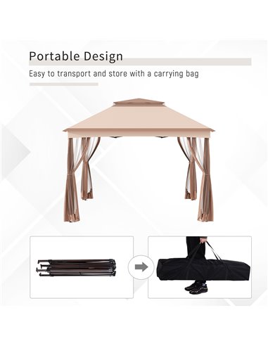 Outsunny 3 X 3(m) Meters Metal Gazebo Party Canopy Garden Pop Up Tent Outdoor Sun Shelter w/ Net Curtain Zipper Door - Khaki