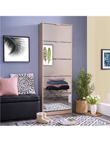 Carrera Mirrored and Oak Effect Tall 5 Drawer Shoe Cabinet, 3138