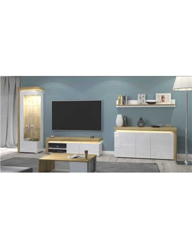 Cadillac Oak Effect And White Gloss LEFT Display Cabinet with LED Lights, 3172