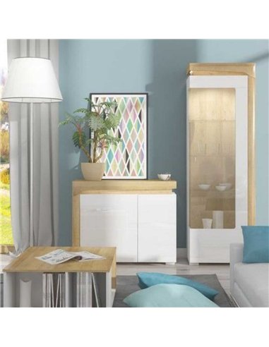 Cadillac Oak Effect And White Gloss RIGHT Display Cabinet with LED Lights, 3173