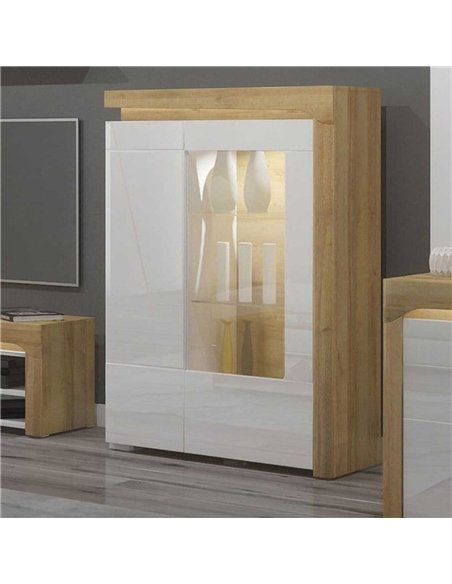 Cadillac Oak Effect And White Gloss Low Wide Display Cabinet with LED Lights, 3174 - pic 114676 | FastDaddyshop