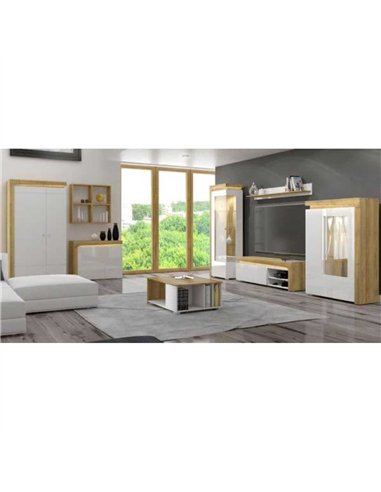 Cadillac Oak Effect And White Gloss Low Wide Display Cabinet with LED Lights, 3174