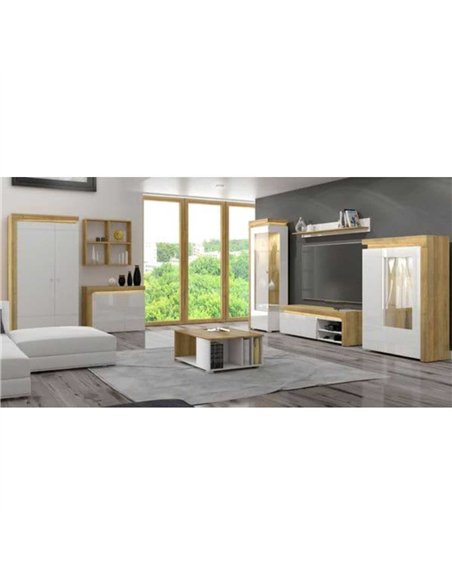 Cadillac Oak Effect And White Gloss Low Wide Display Cabinet with LED Lights, 3174 - pic 114677 | FastDaddyshop