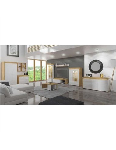 Cadillac Oak Effect And White Gloss Low Wide Display Cabinet with LED Lights, 3174